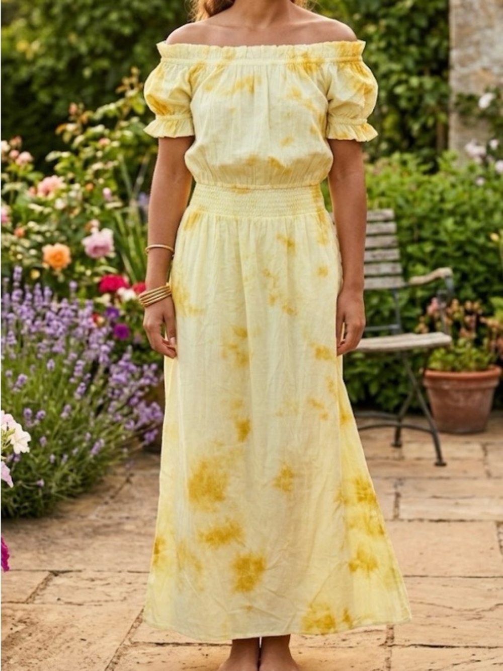 Chaudry KC off or on Shoulder Yellow Gold Tie-Dye Cotton Boho Maxi Dress S